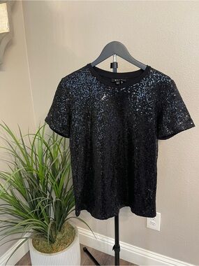 DKNY Black Sequin Short Sleeve Tee Top